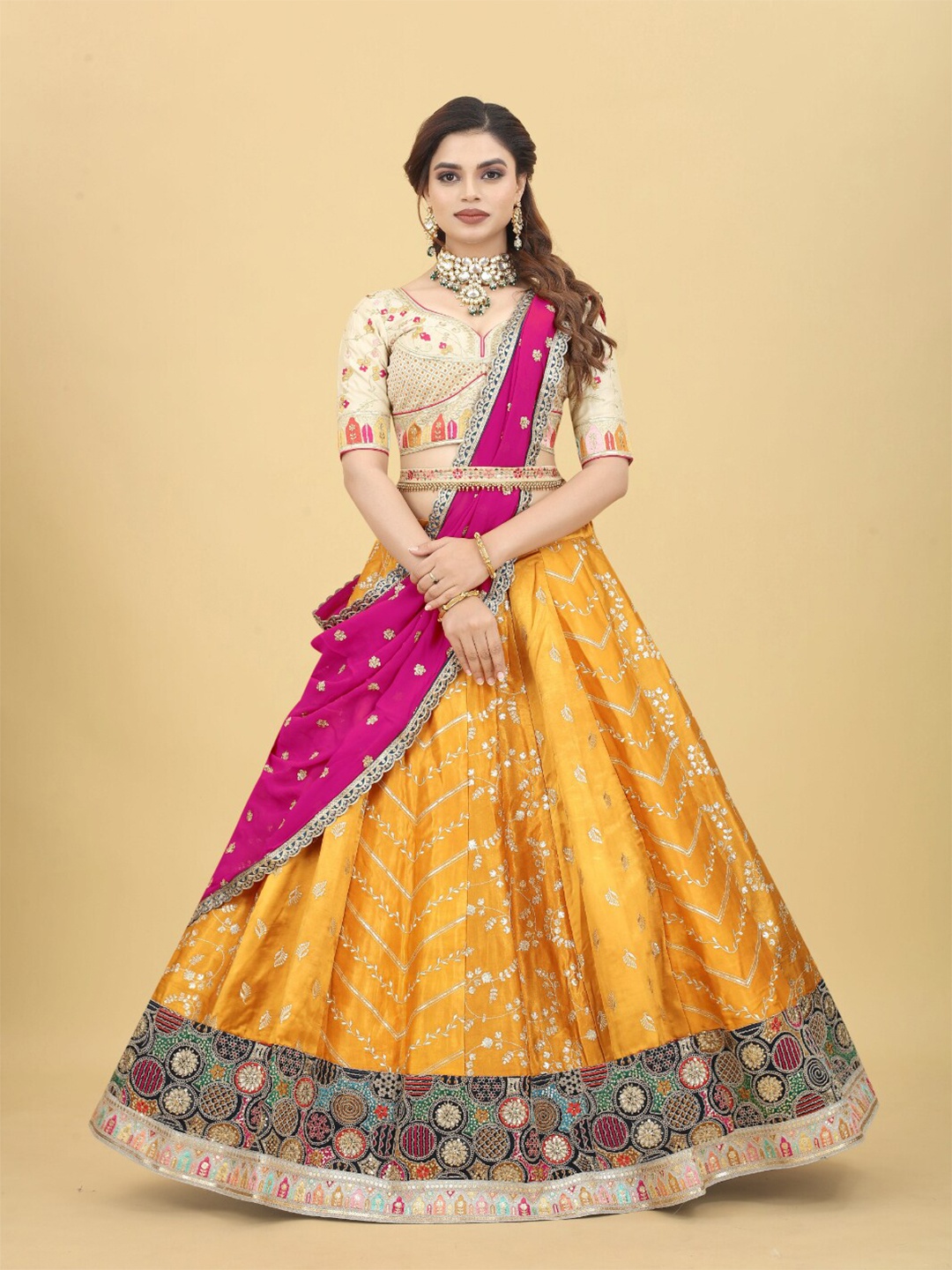 

Angroop Embroidered Thread Work Ready to Wear Lehenga & Blouse With Dupatta, Mustard