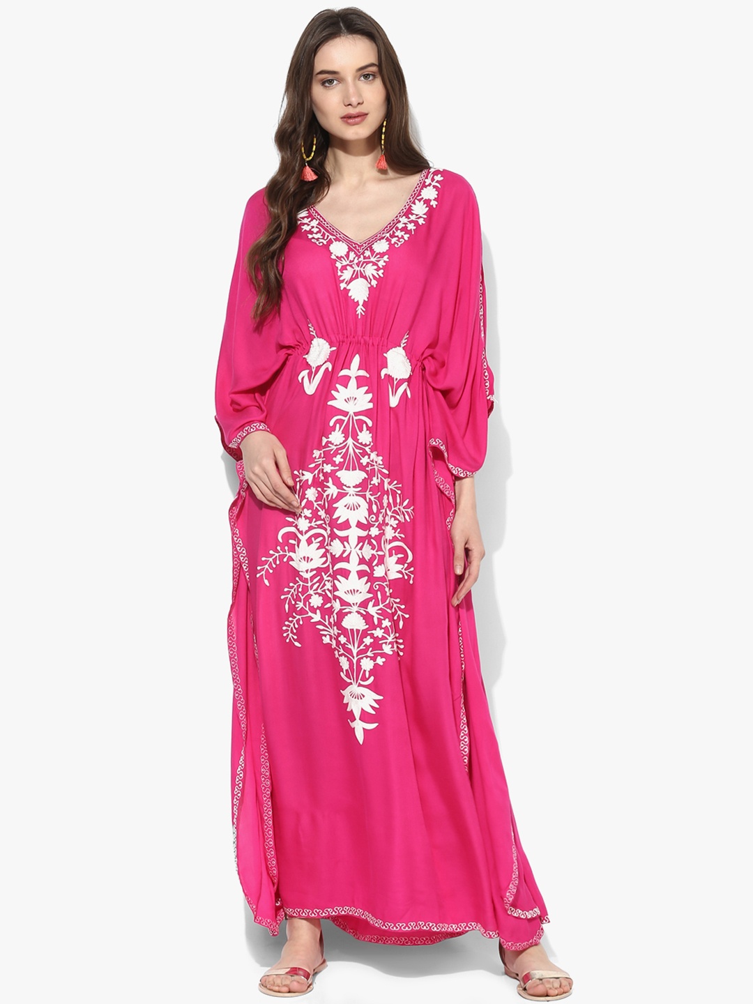 

CRAFTBAZAR Floral Printed V-Neck Maxi Kaftan Dress, Pink
