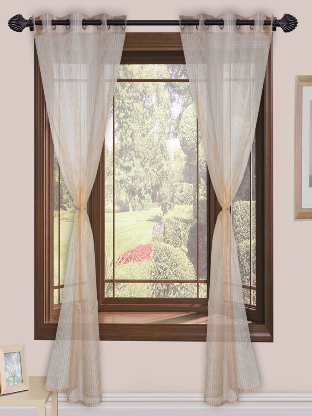 

Homefab India Beige 2 Pieces Striped Sheer Door Curtains