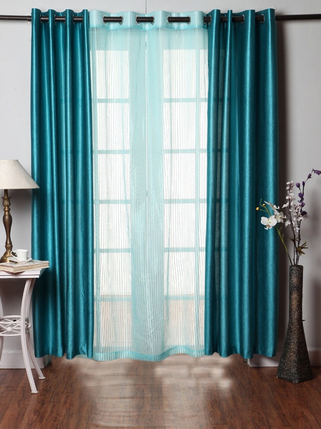 

Homefab India Turquoise Blue 3 Pieces Sheer Window Curtains