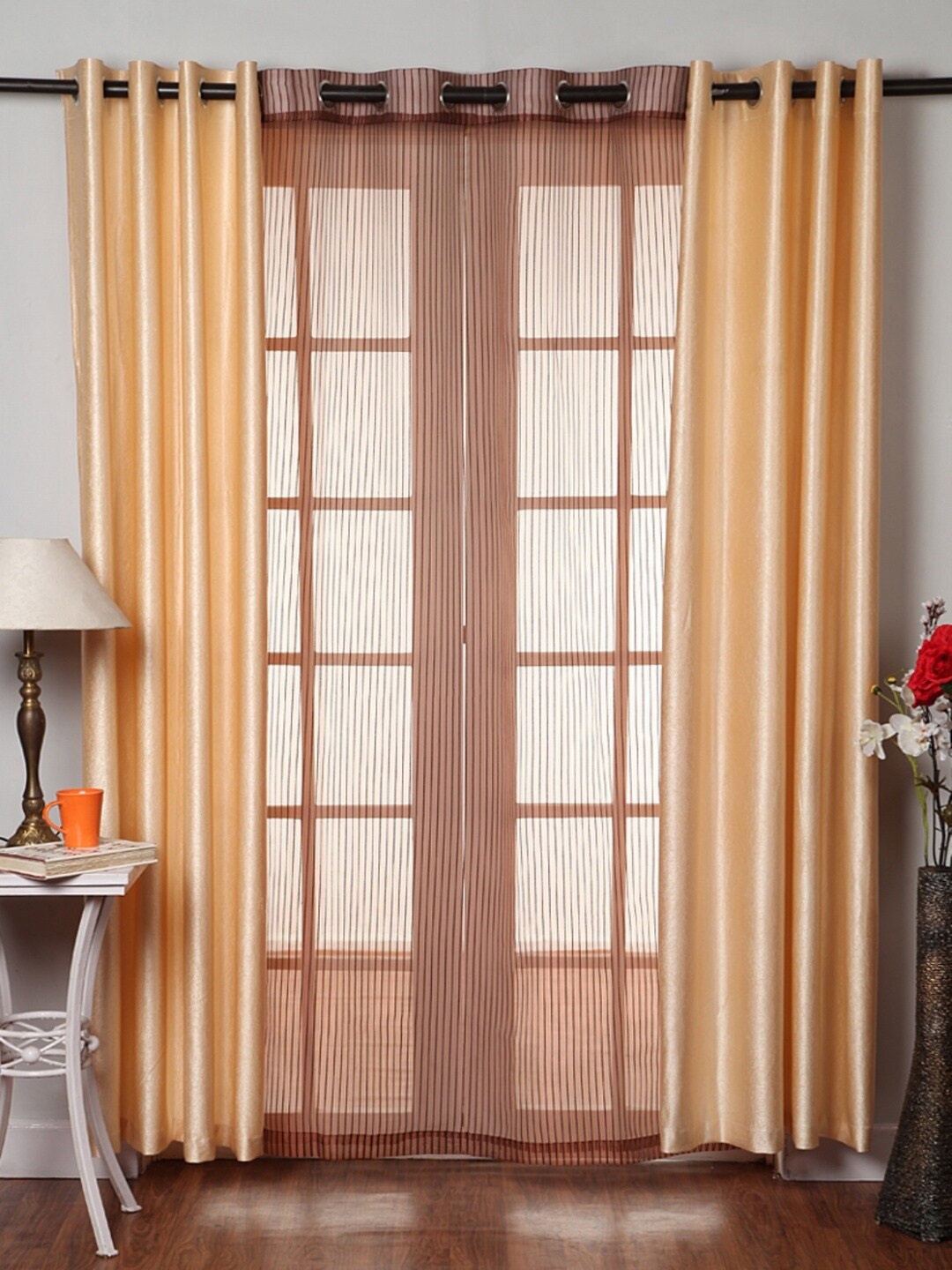 

Homefab India Beige & White 3 Pieces Sheer Door Curtains