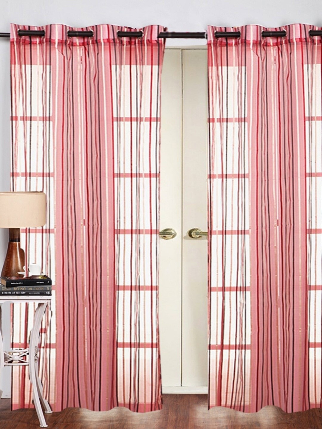

Homefab India Maroon 2 Pieces Striped Sheer Window Curtains