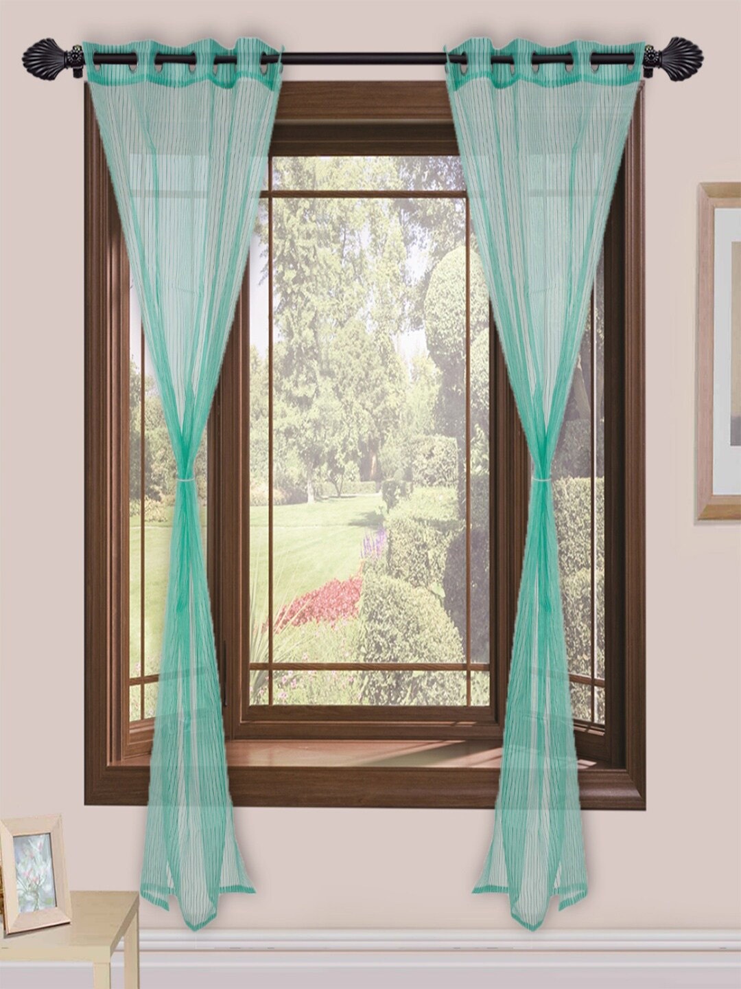 

Homefab India Turquoise Blue 2 Pieces Striped Sheer Door Curtains