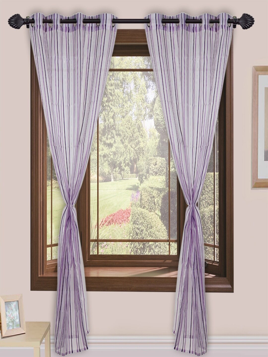 

Homefab India Purple & White 2 Pieces Striped Sheer Window Curtains