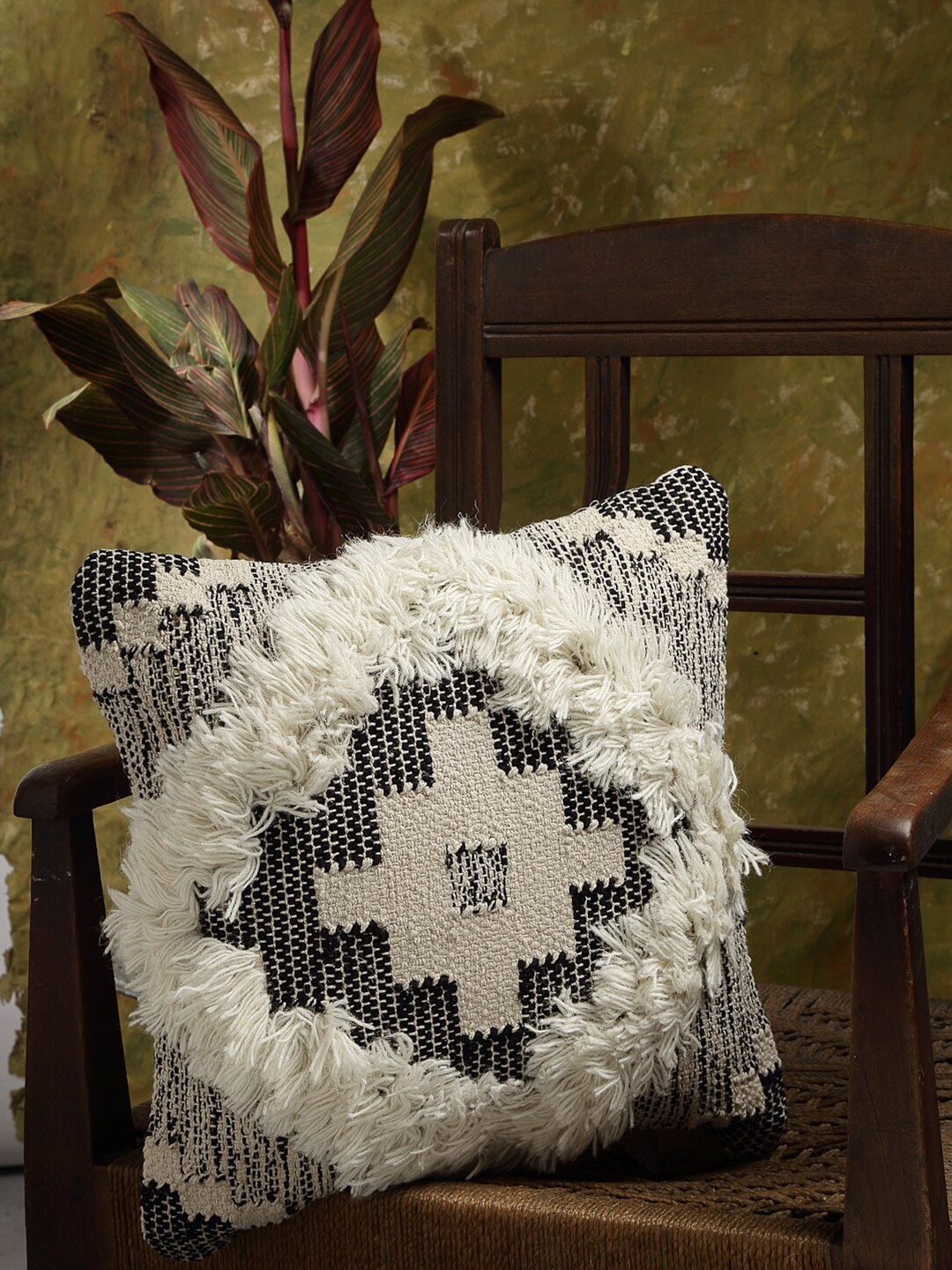 

ANWYN Beige & Black Self Design Pure Cotton Square Cushion Cover