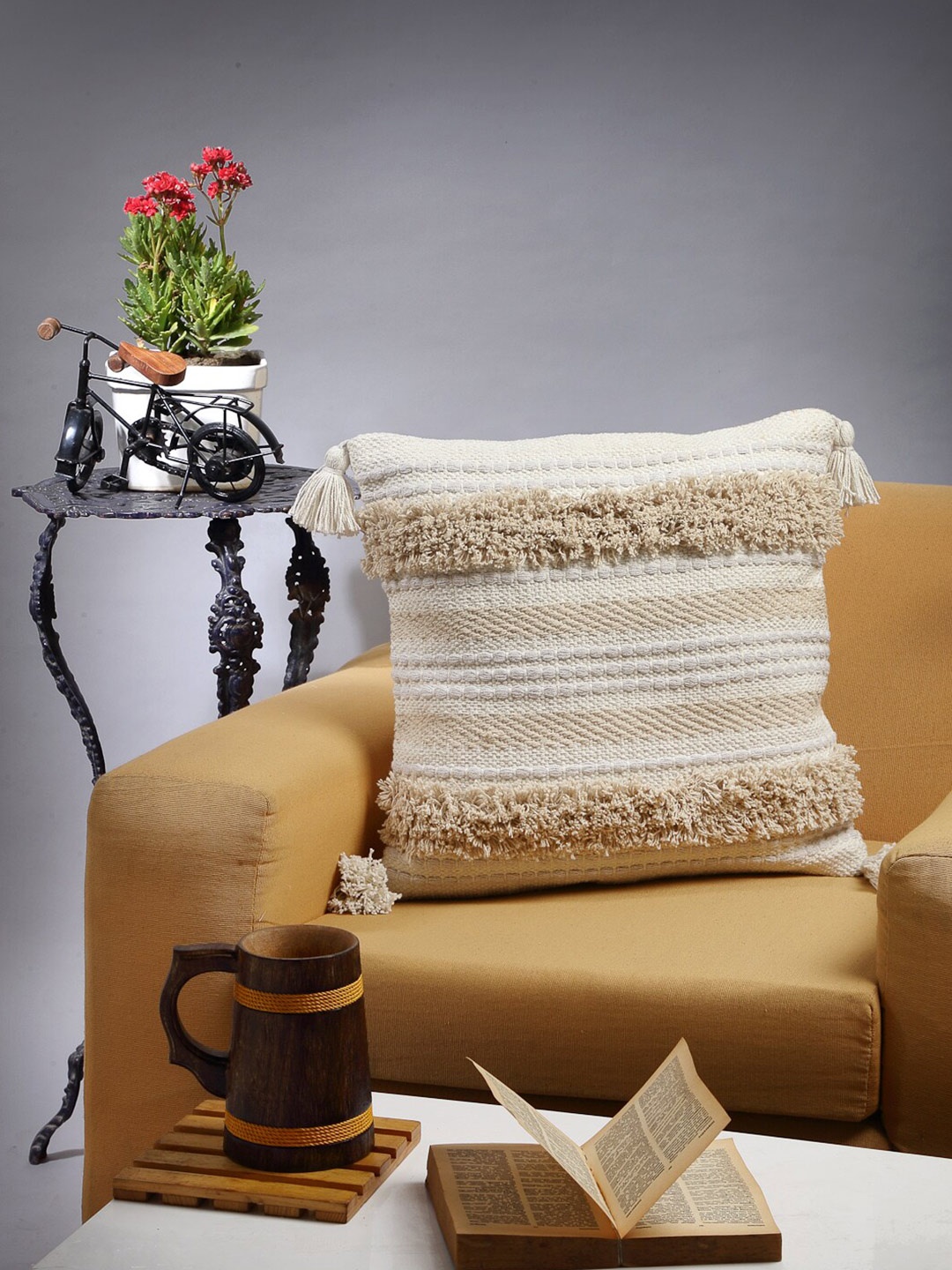 

ANWYN Beige & White Self Design Pure Cotton Square Cushion Cover
