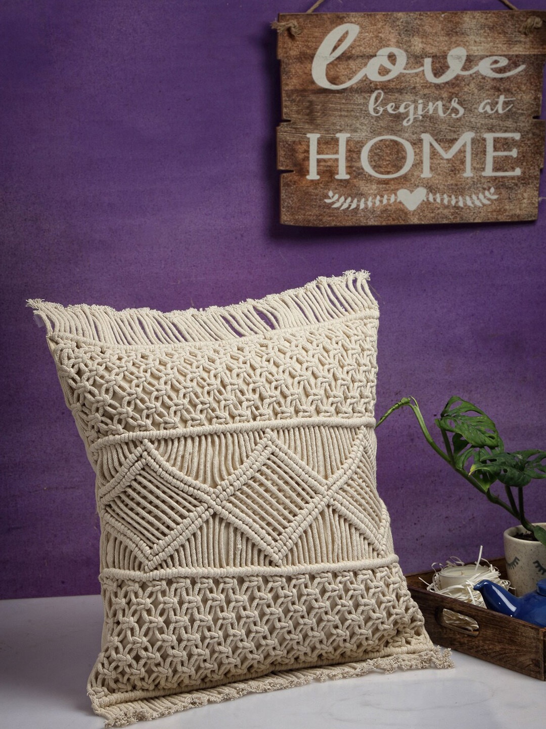

ANWYN Beige Macrame Pure Cotton Square Cushion Cover