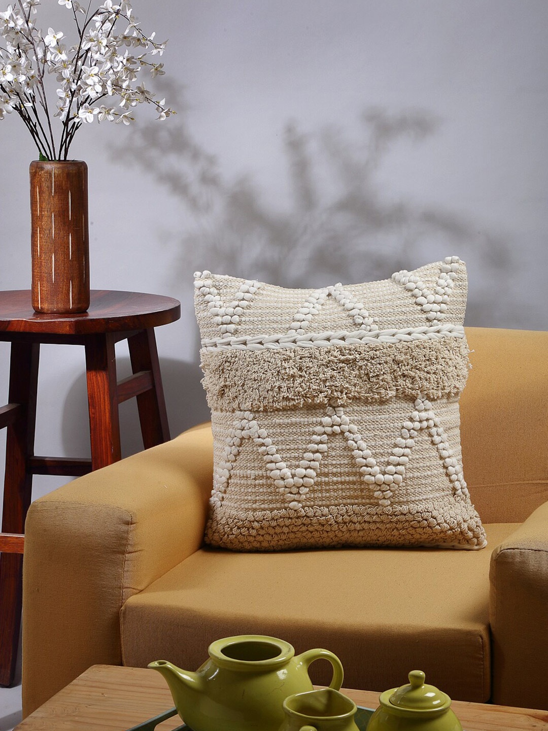 

ANWYN Beige Self Design Pure Cotton Square Cushion Cover