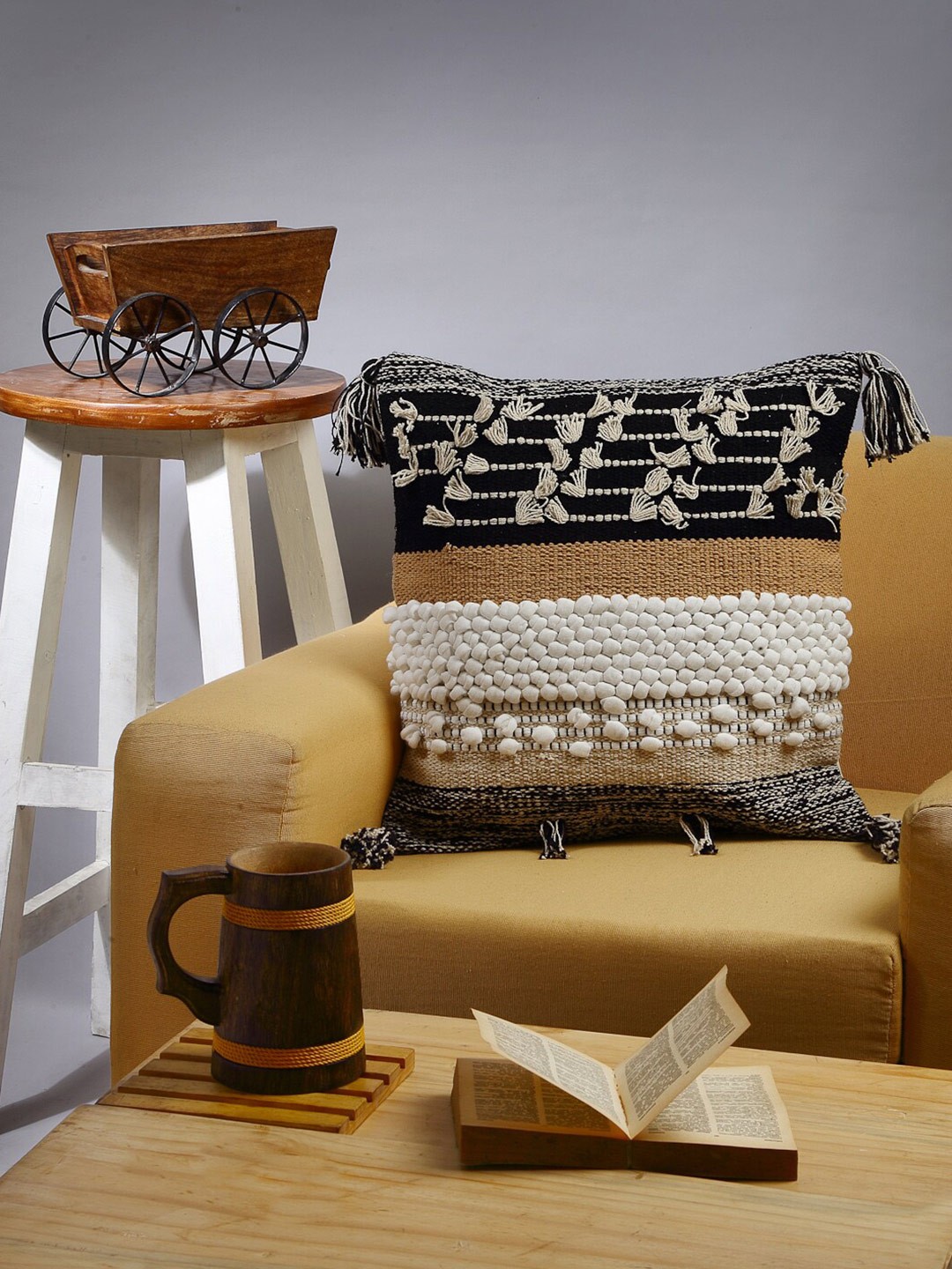 

ANWYN Black & White Self Design Cotton Square Cushion Cover