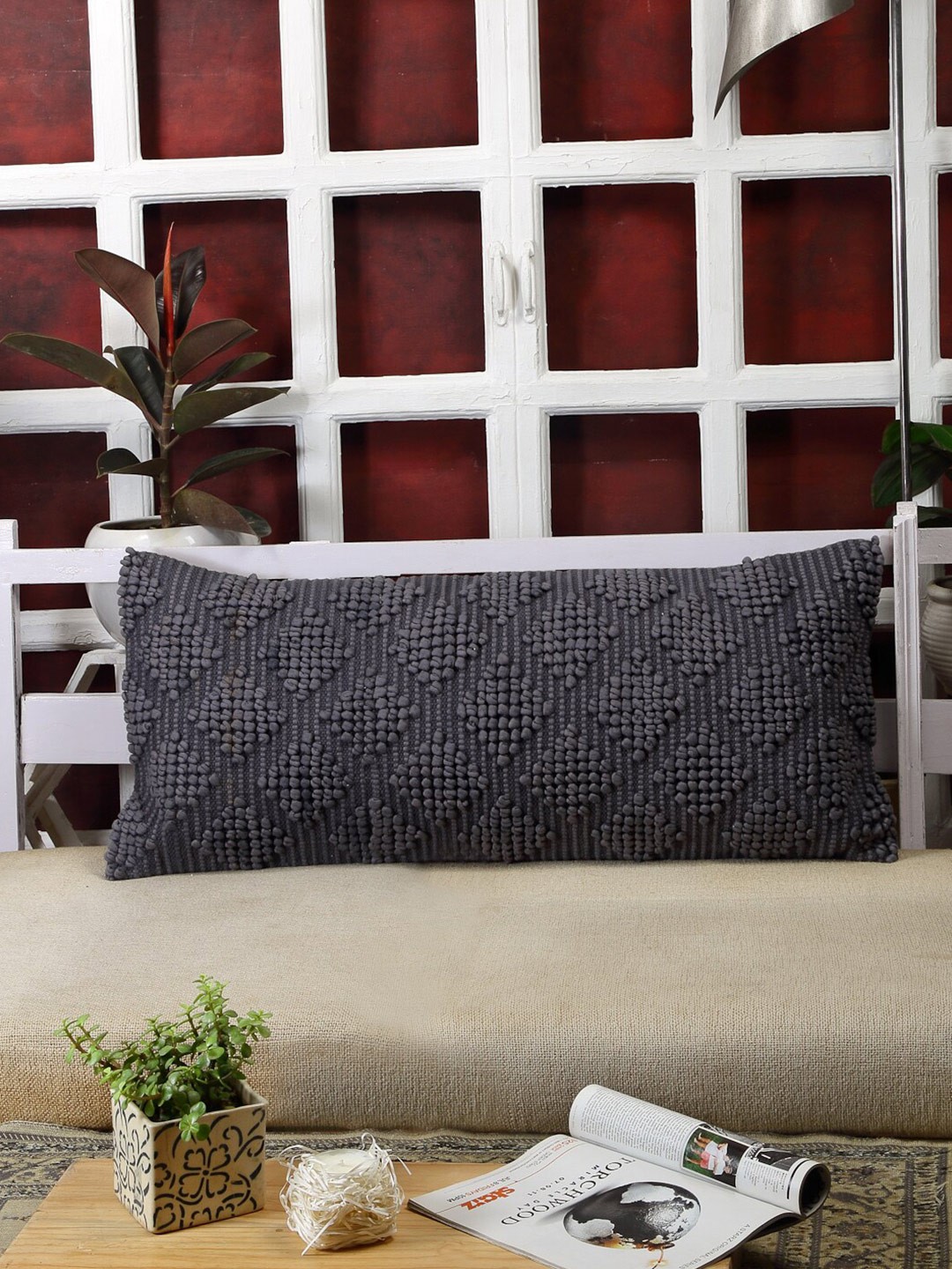 

ANWYN Grey Textured Rectangle Pure Cotton Cushion Cover