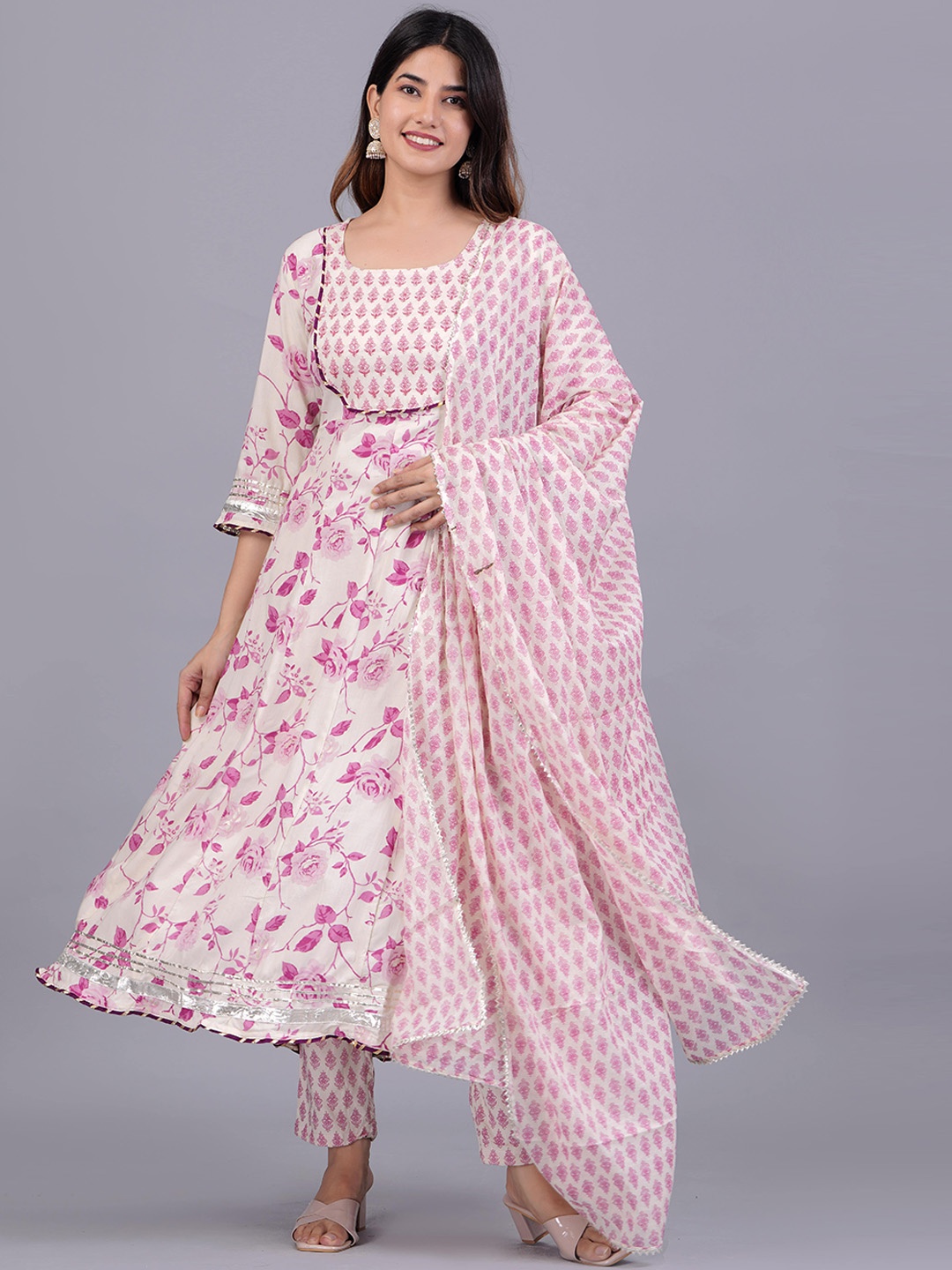 

KALINI Floral Printed Flared Anarkali Kurta With Trousers & Dupatta, Pink