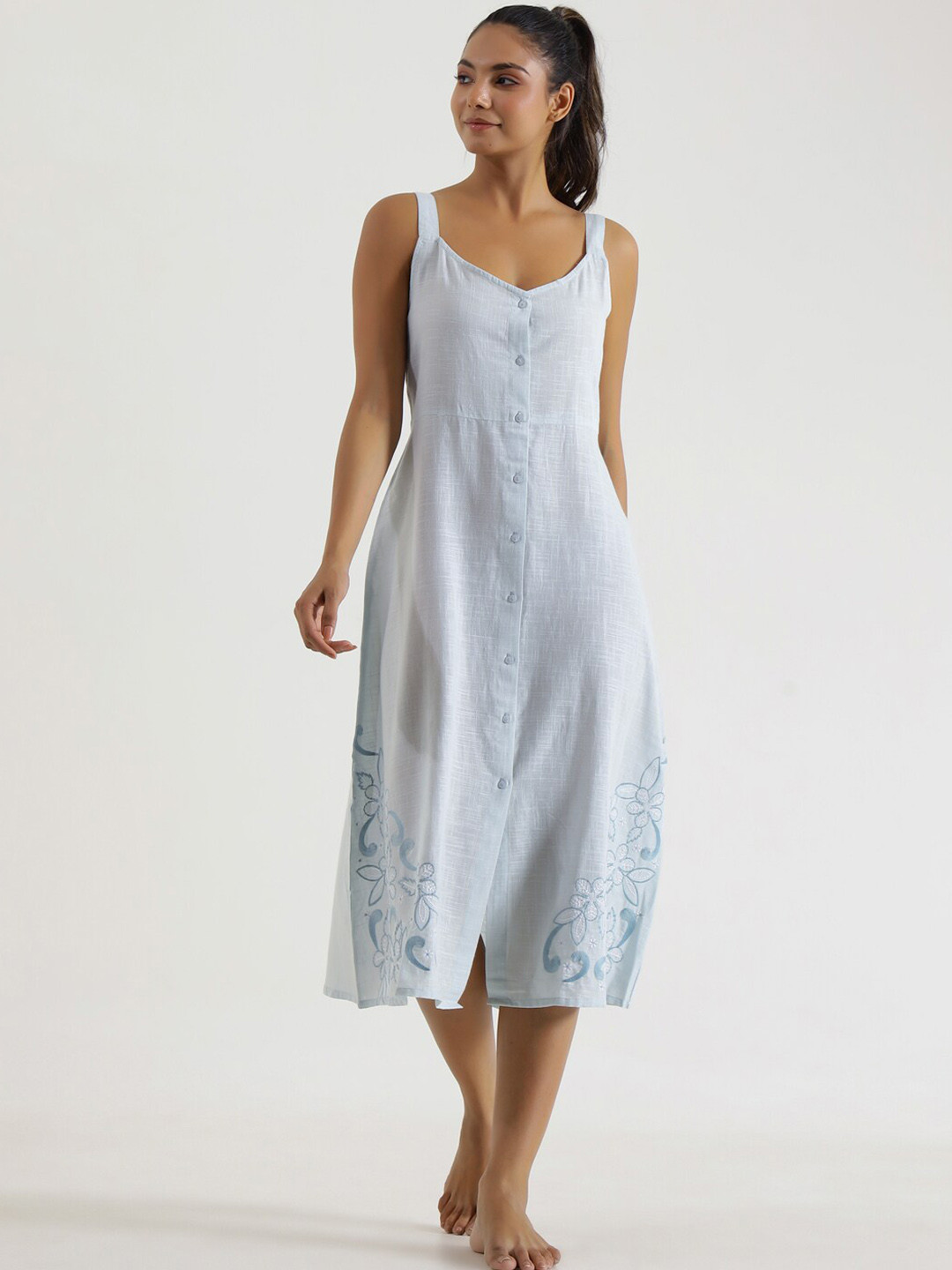 

SANSKRUTIHOMES Blue Floral Embroidered Shoulder Straps Cotton Shirt Dress