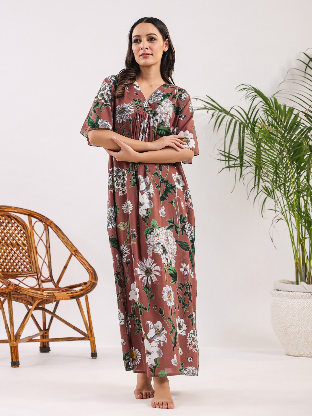 

SANSKRUTIHOMES Printed Pure Cotton Maxi Nightdress, Brown