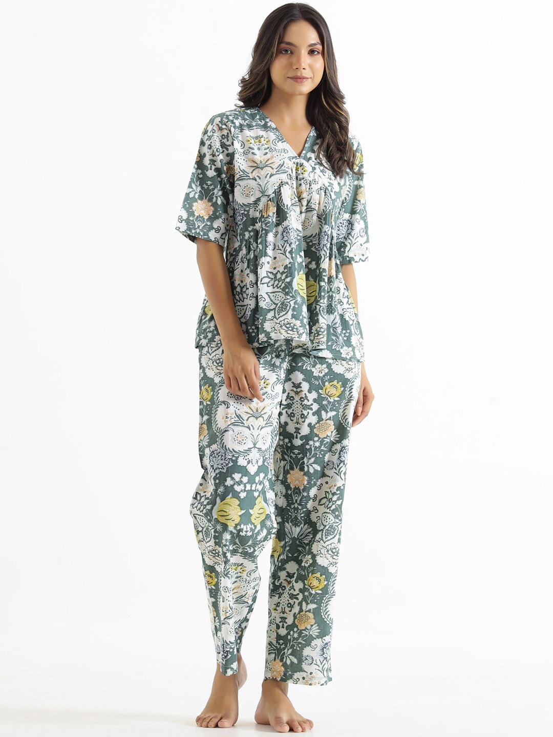 

SANSKRUTIHOMES Printed Pure Cotton Night Suit, Green