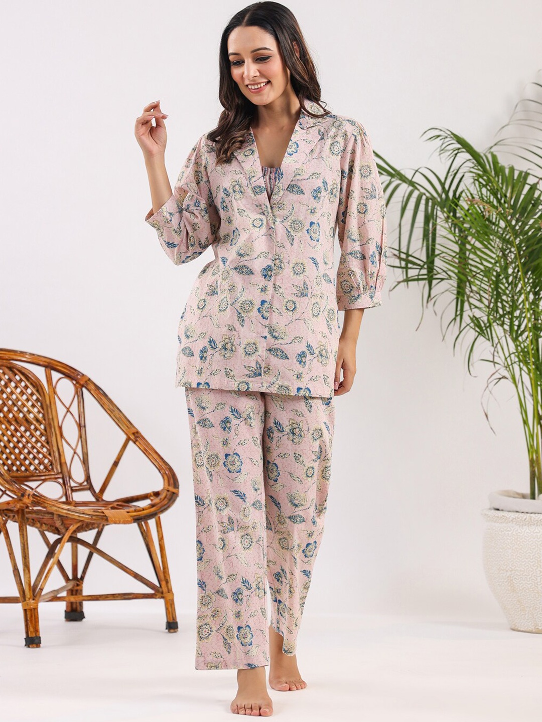

SANSKRUTIHOMES Printed Pure Cotton Night Suit, Pink