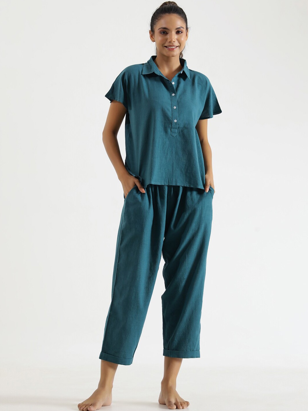 

SANSKRUTIHOMES Pure Cotton Shirt Collar Night Suit, Teal