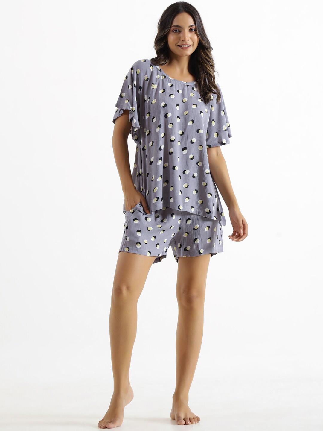 

SANSKRUTIHOMES Polka Dots Printed Night Suit, Grey