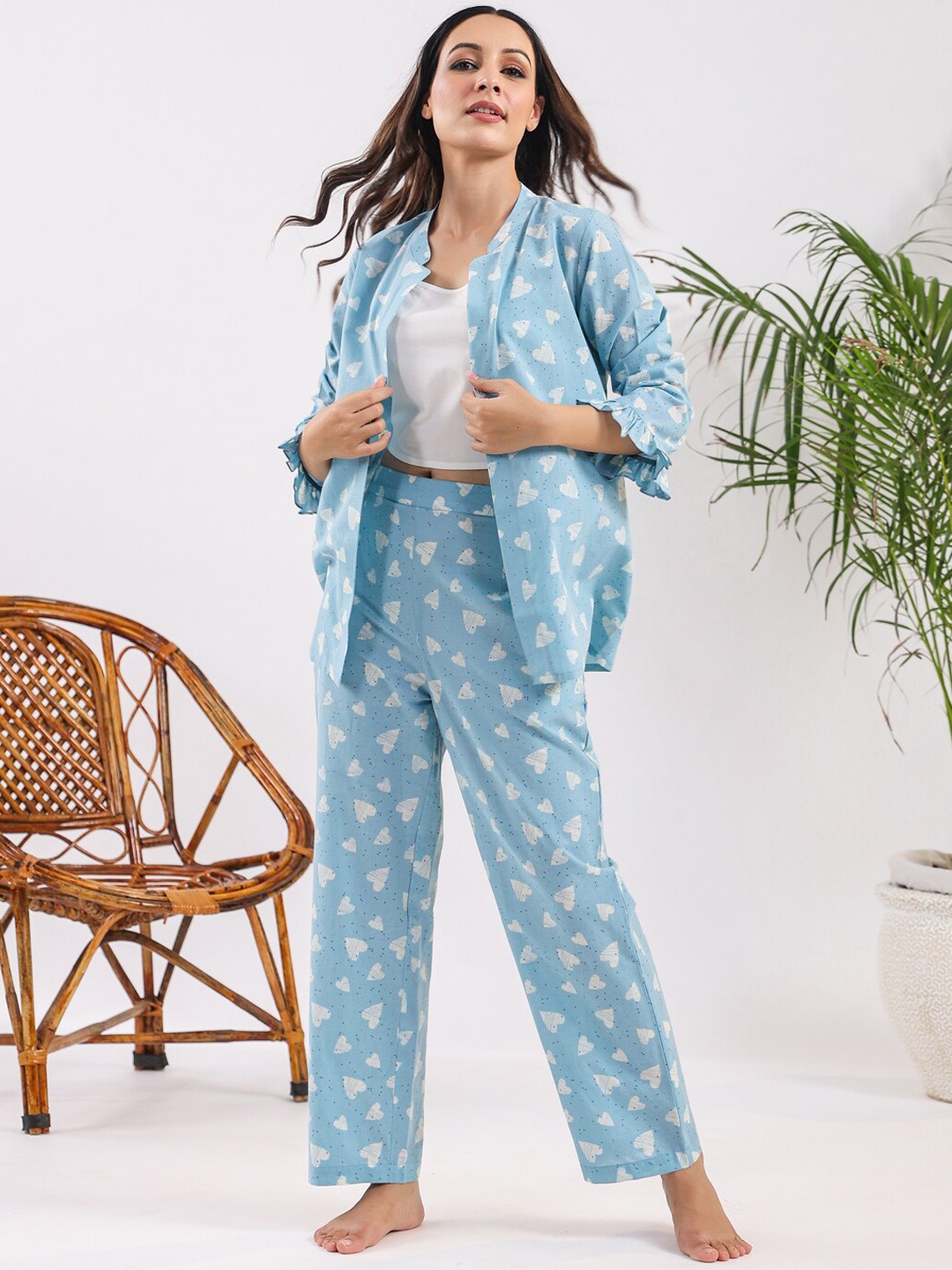 

SANSKRUTIHOMES Printed Pure Cotton Night Suit, Blue