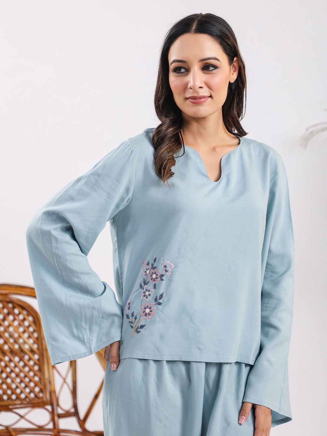 

SANSKRUTIHOMES Modal V-Neck Top With Pyjamas, Blue