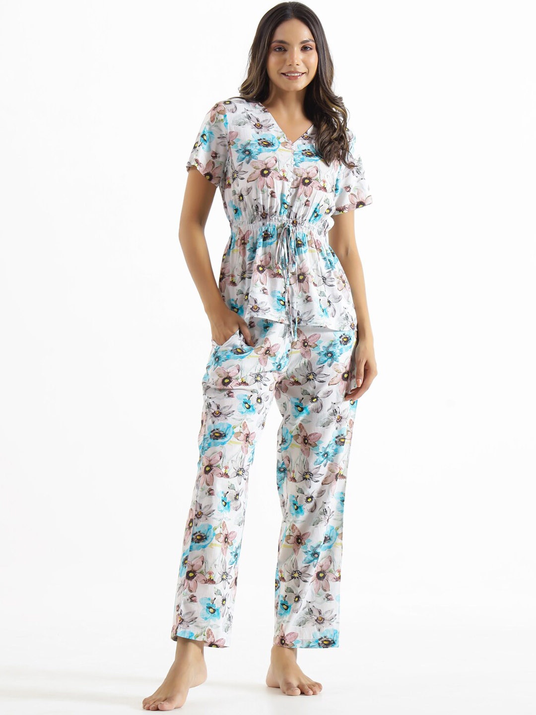 

SANSKRUTIHOMES Printed Pure Cotton V-Neck Night Suit, Off white