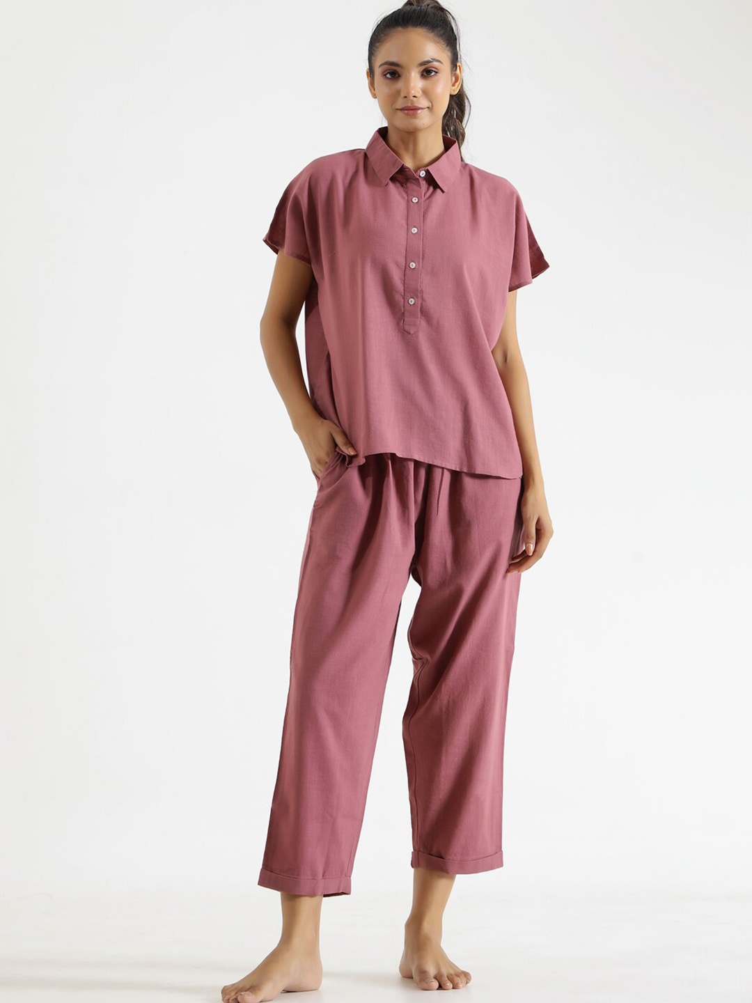 

SANSKRUTIHOMES Pure Cotton Shirt Collar Night Suit, Magenta