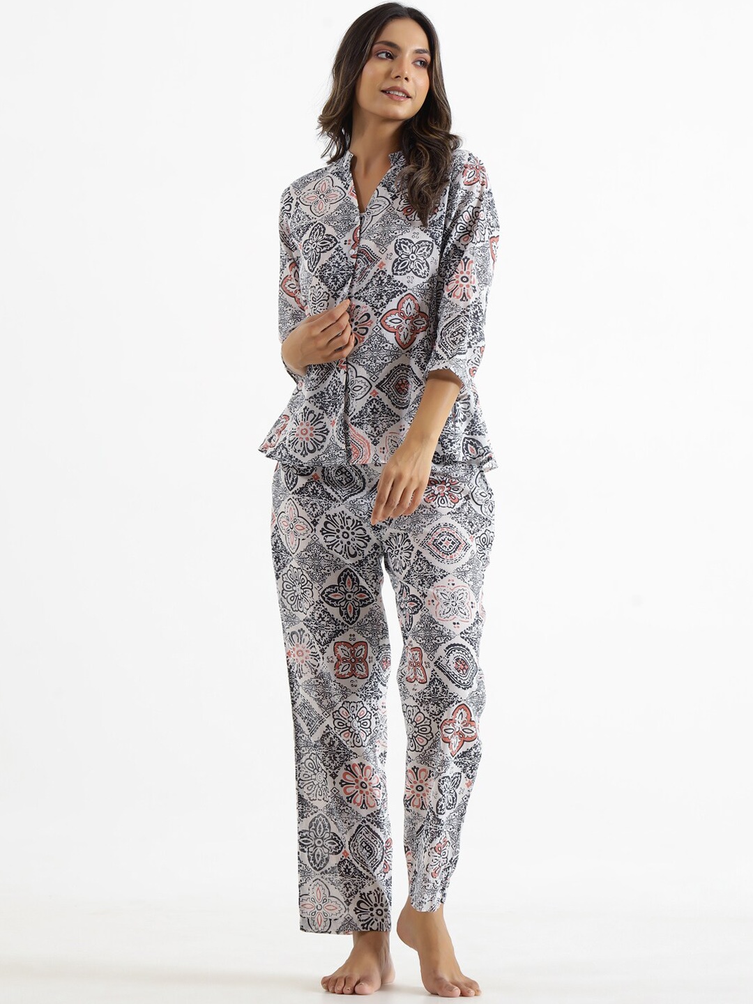 

SANSKRUTIHOMES Printed Pure Cotton Night Suit, Grey
