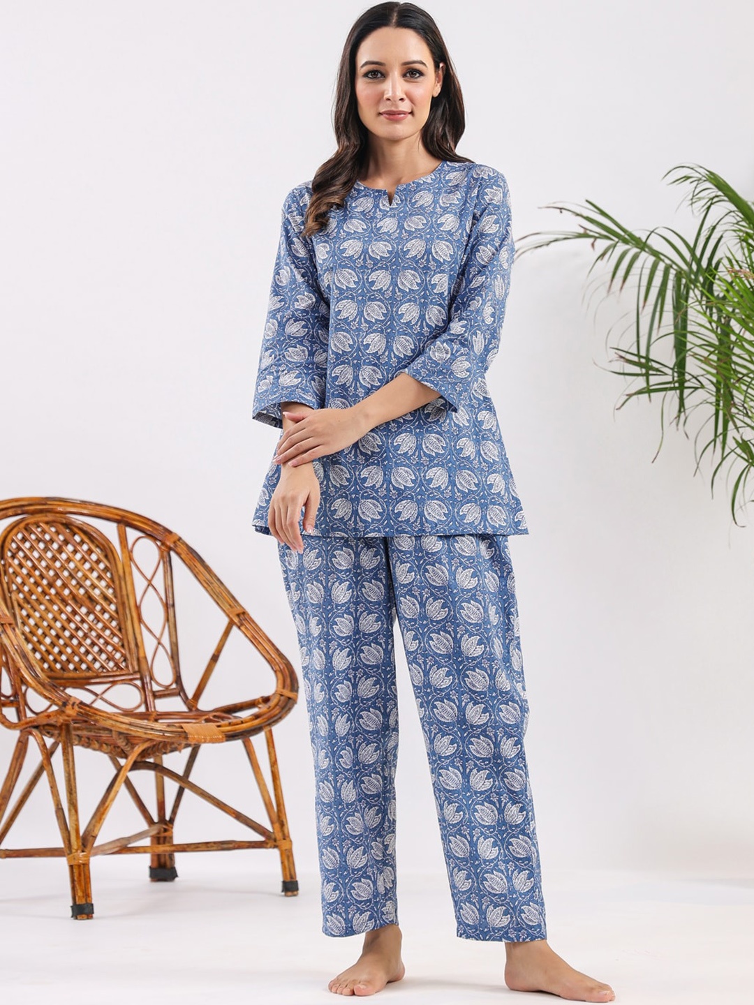 

SANSKRUTIHOMES Printed Pure Cotton Night Suit, Blue