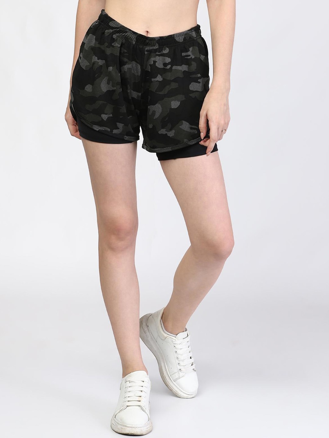 

The Dance Bible Women Camouflage Printed Slim Fit Sports Shorts, Olive