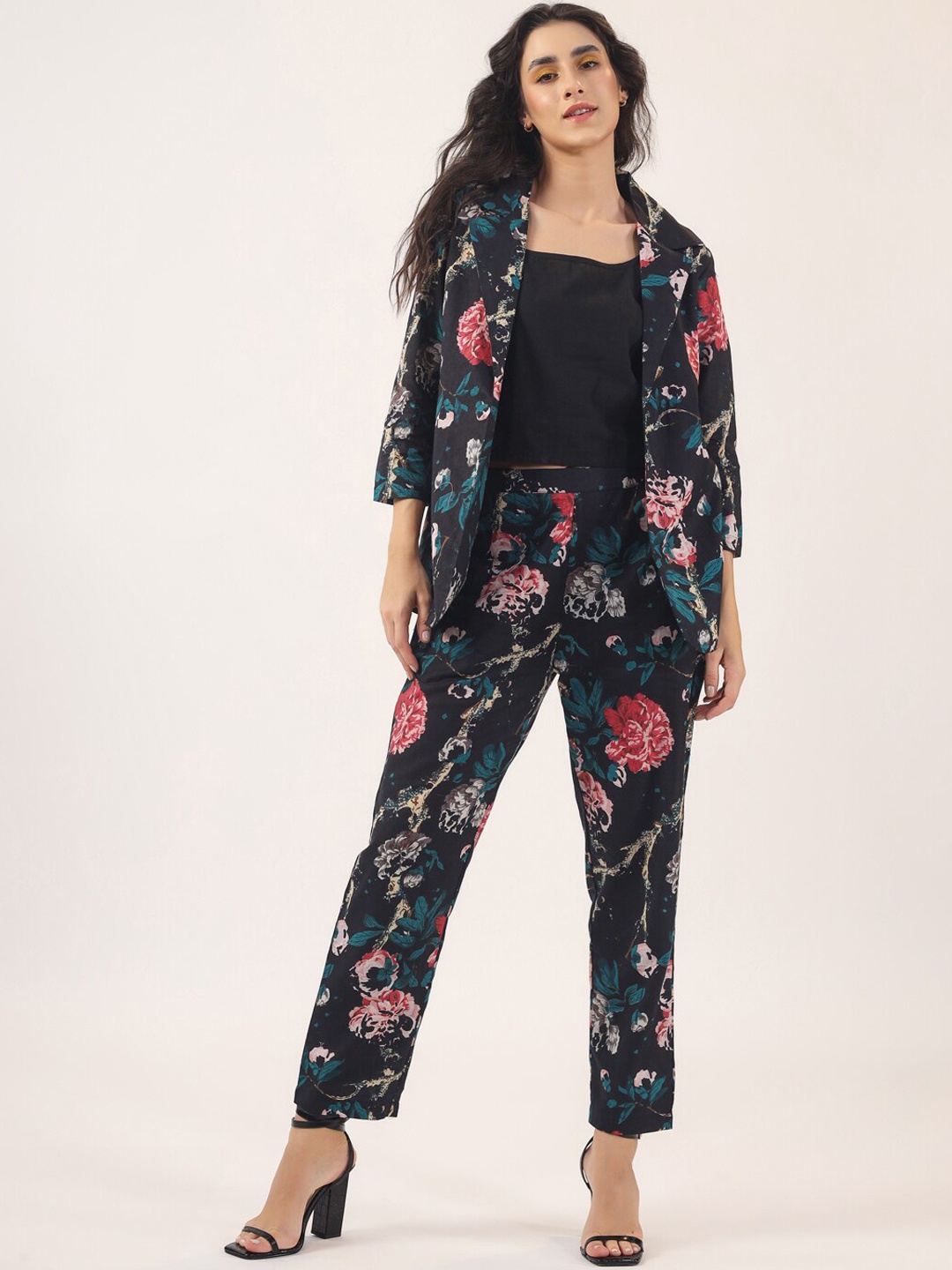 

DressBerry Black Printed Pure Cotton Notched Lapel Collar Blazer With Trousers