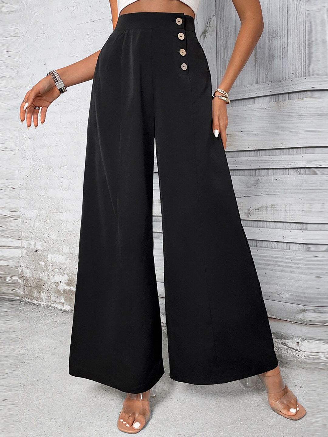 

StyleCast Women Black Flared High-Rise Parallel Trousers