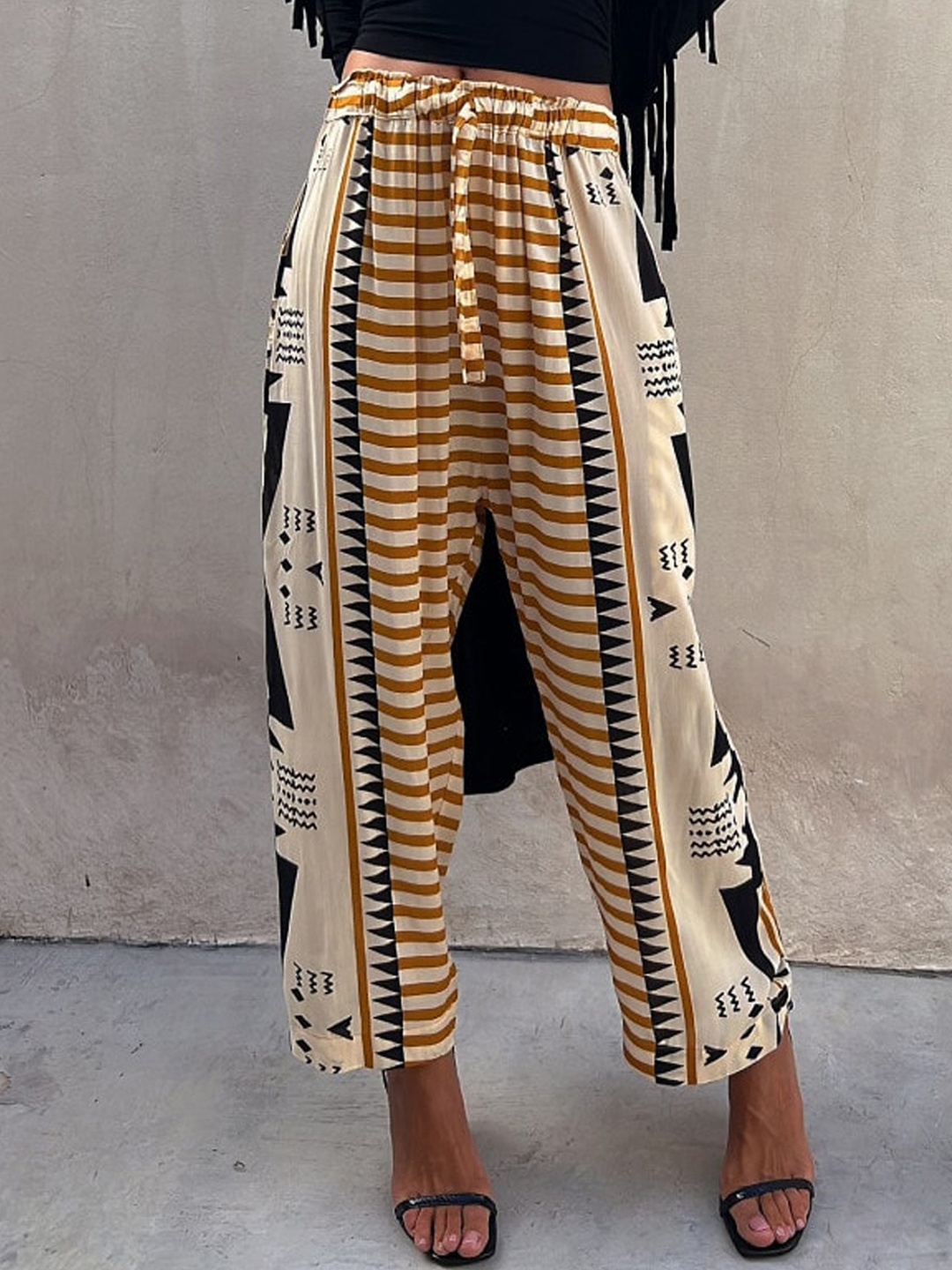 

StyleCast Women Cream-Coloured Striped Printed Loose Fit High-Rise Trousers