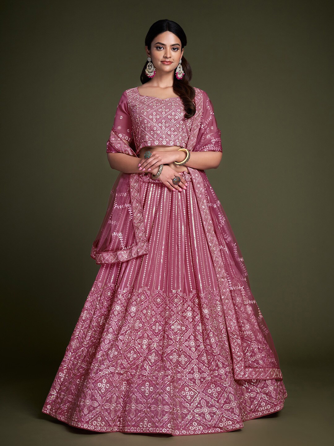 

Fusionic Embellished Sequinned Semi-Stitched Lehenga & Unstitched Blouse With Dupatta, Pink