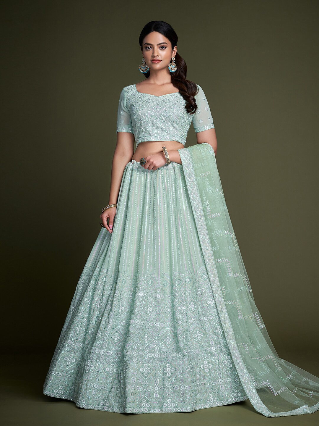 

Fusionic Embroidered Sequinned Semi-Stitched Lehenga & Unstitched Blouse With Dupatta, Green