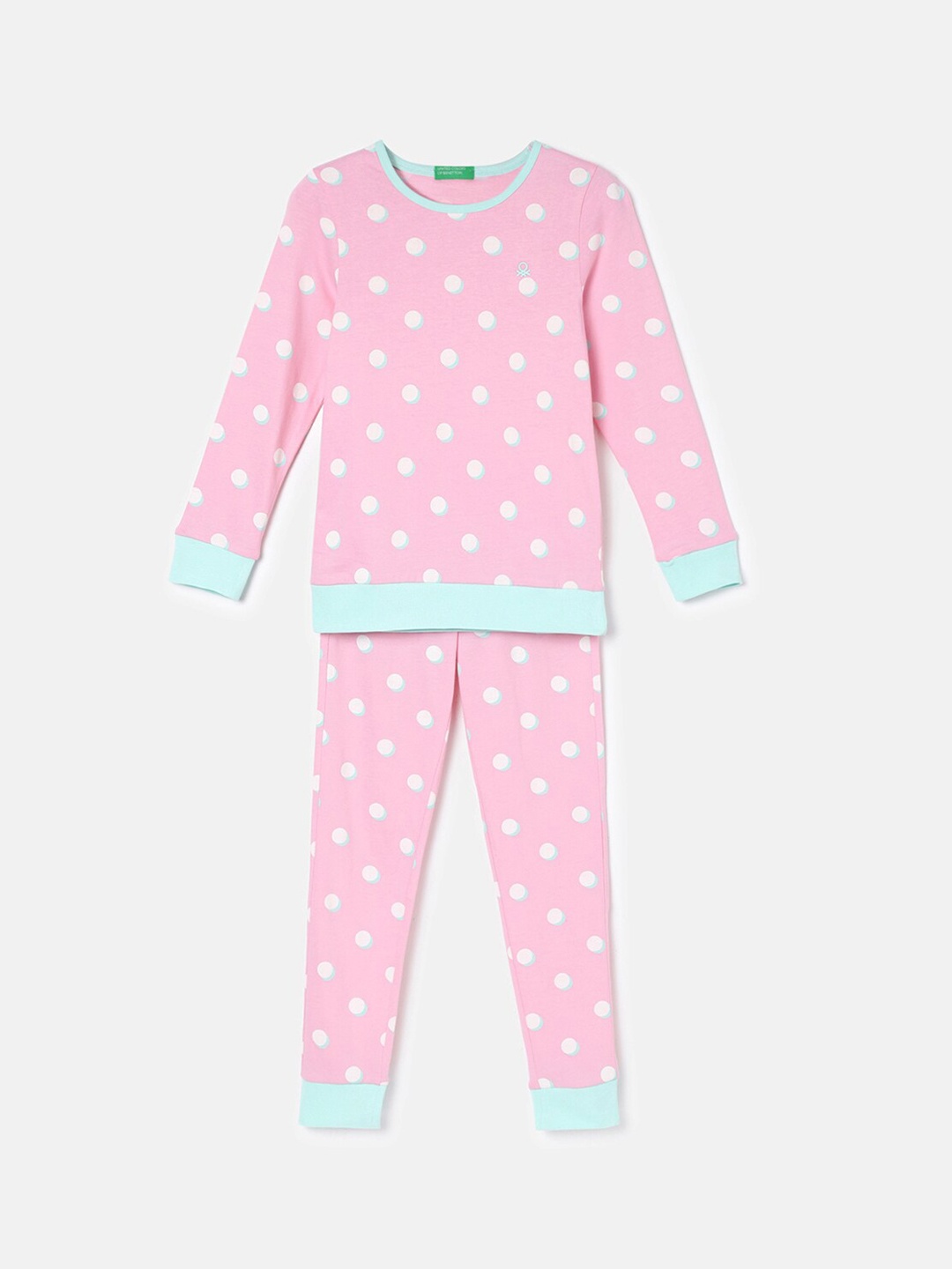 

United Colors of Benetton Girls Polka Dots Printed Pure Cotton Night suit, Pink