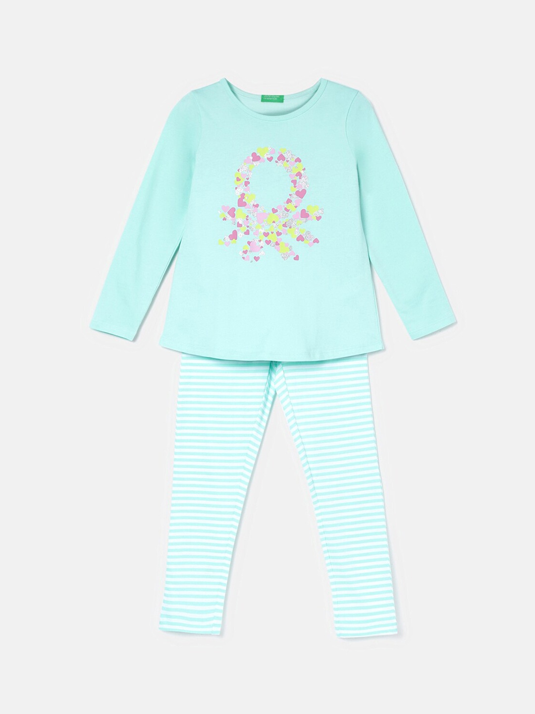 

United Colors of Benetton Girls Graphic Printed Pure Cotton Night suit, Green