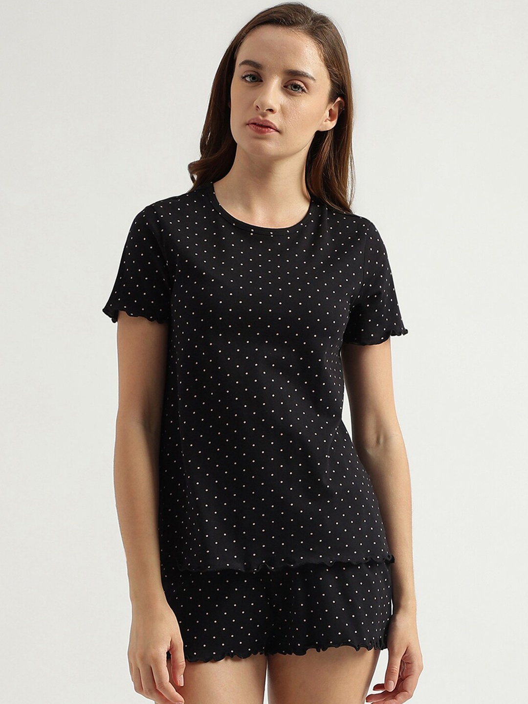 

United Colors of Benetton Polka Dots Printed Pure Cotton Night suit, Black