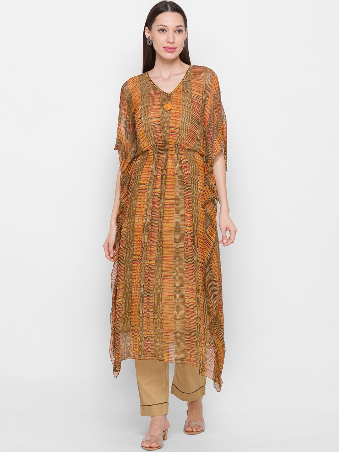 

ZOLA Orange & Yellow Abstract Printed Regular Kaftan Kurta With Trousers