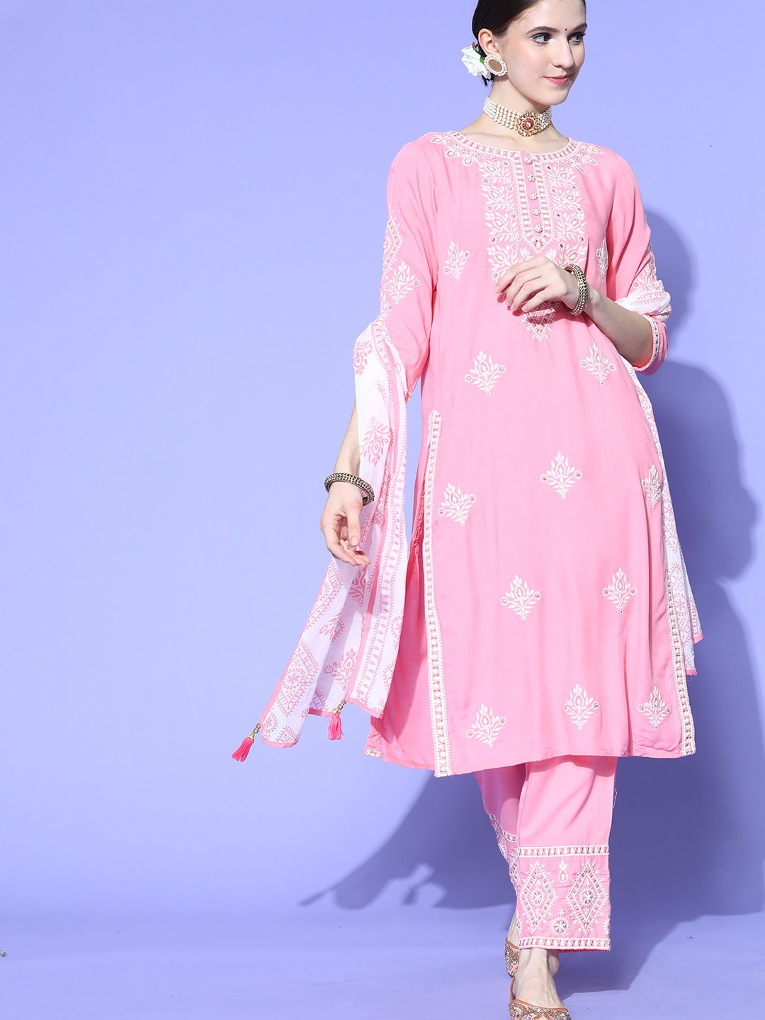 

ZOLA Pink Floral Embroidered Thread Work A-Line Kurta With Trousers & Dupatta
