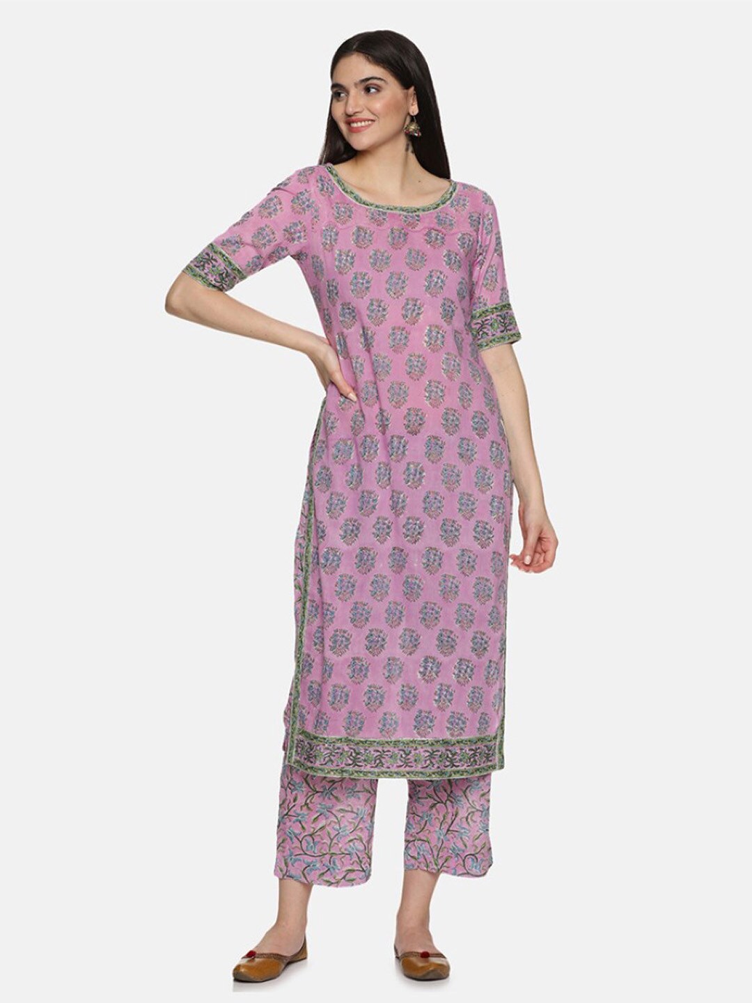

JAIPURIBANNO Lavender Ethnic Motifs Print Linen A-Line Midi Dress