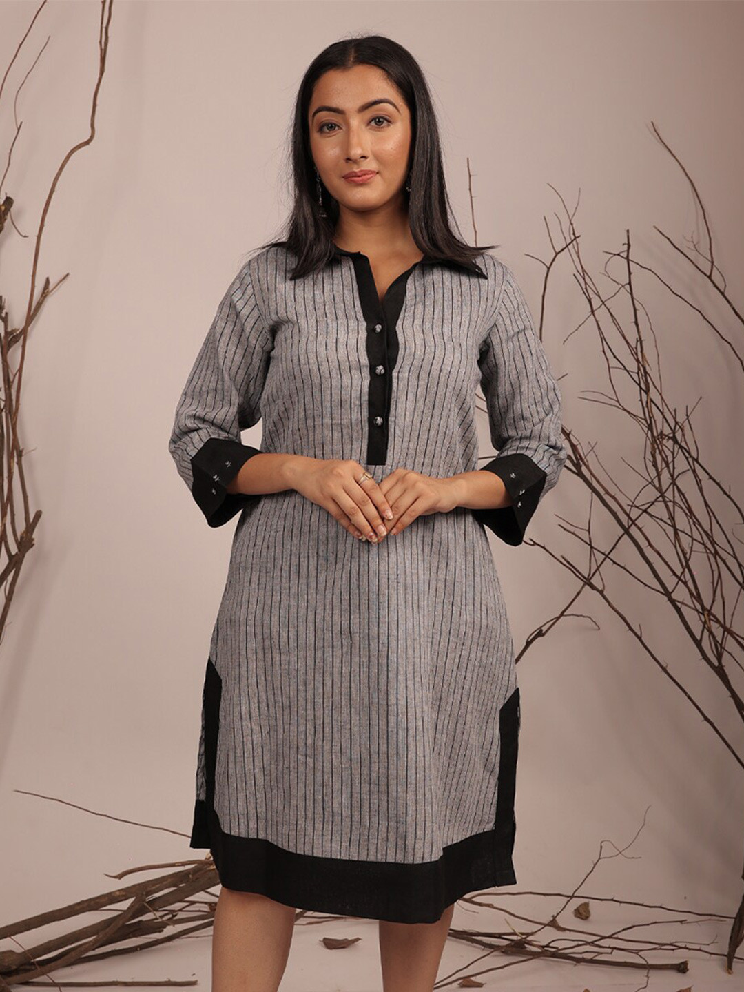 

JAIPURIBANNO Grey Striped Linen A-Line Dress