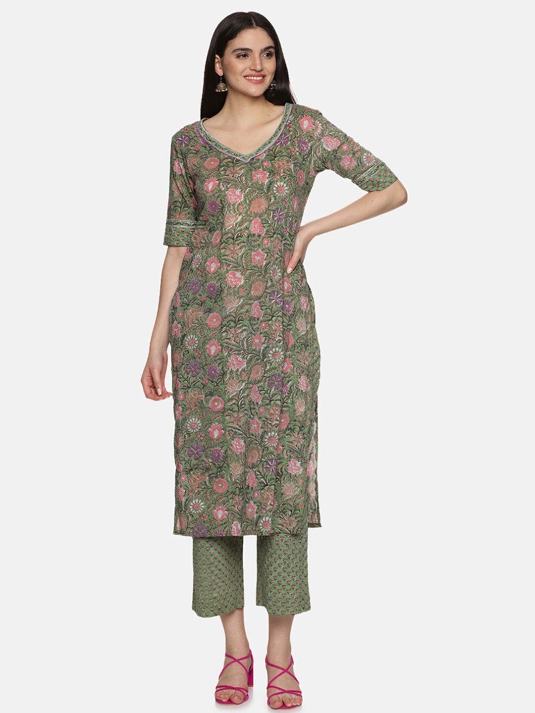 

JAIPURIBANNO Green Ethnic Motifs Print Linen A-Line Midi Dress