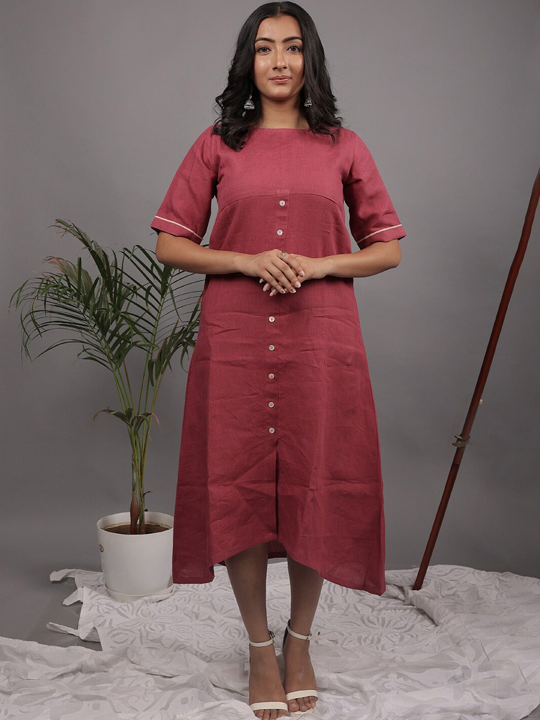

JAIPURIBANNO Pink Linen A-Line Midi Dress
