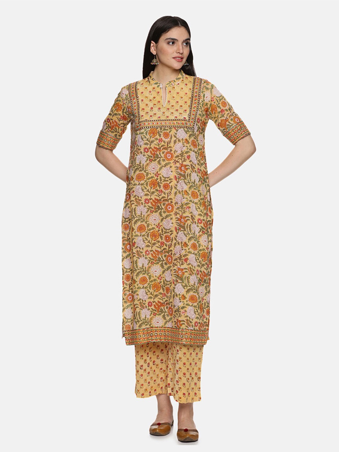 

JAIPURIBANNO Mustard Yellow Floral Print Linen A-Line Maxi Dress