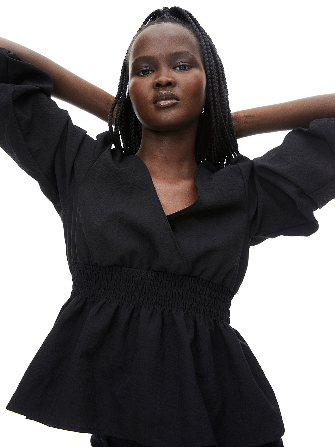 

H&M Crepe Puff-Sleeved Blouse, Black