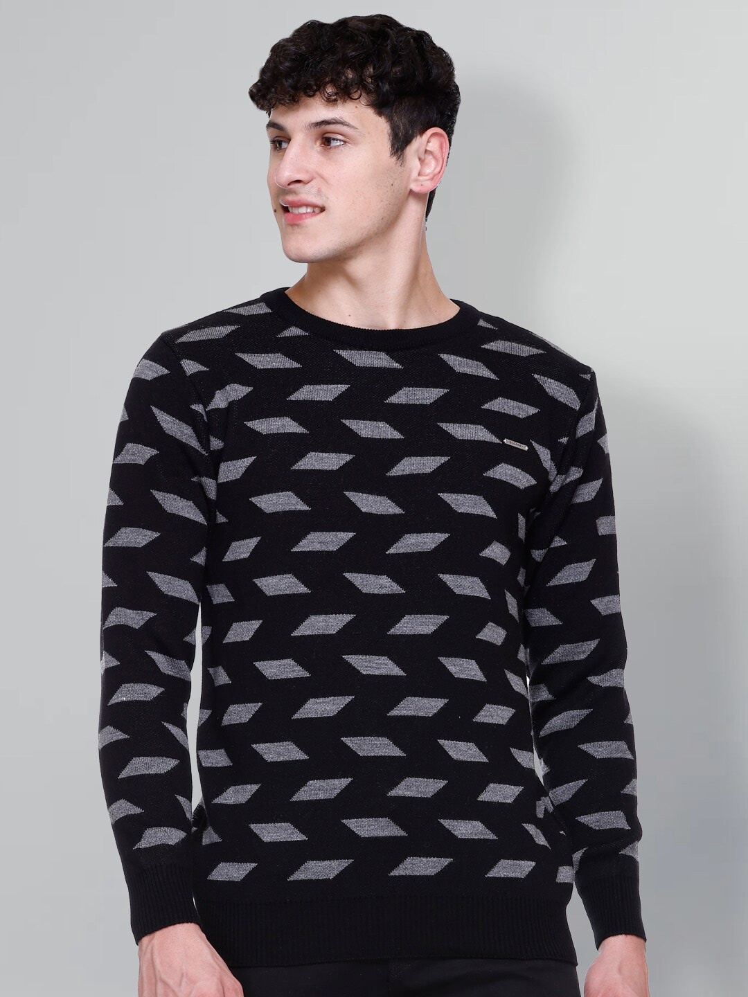 

GODFREY Geometric Printed Woollen Pullover, Black