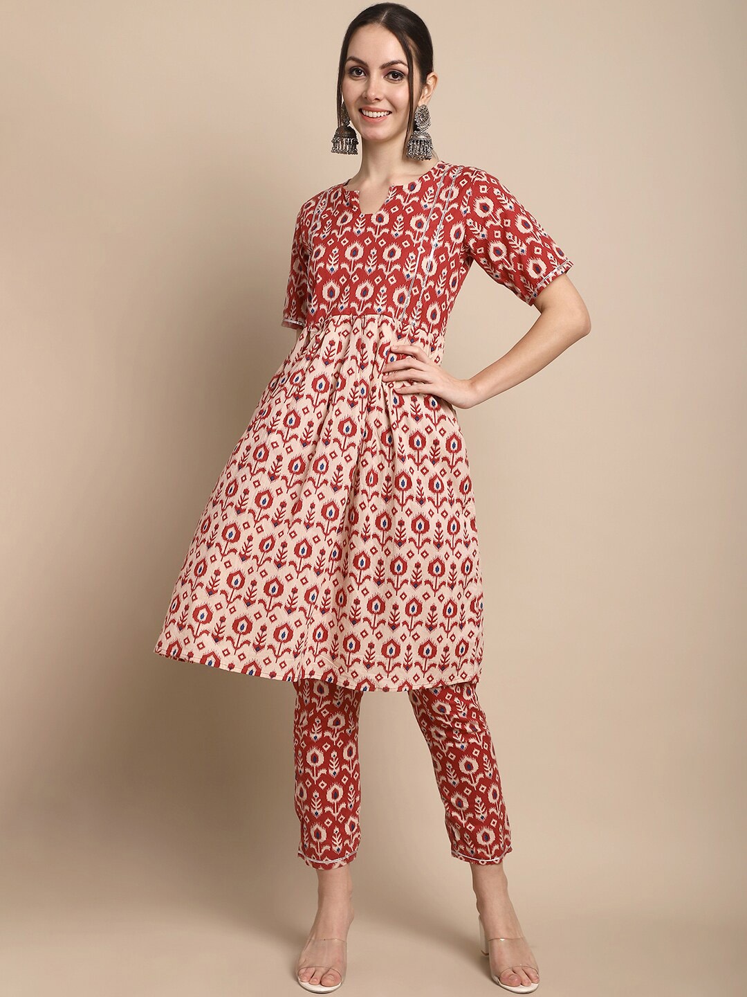 

KALINI Ethnic Motifs Printed A-Line Pure Cotton Kurta With Trousers, Maroon