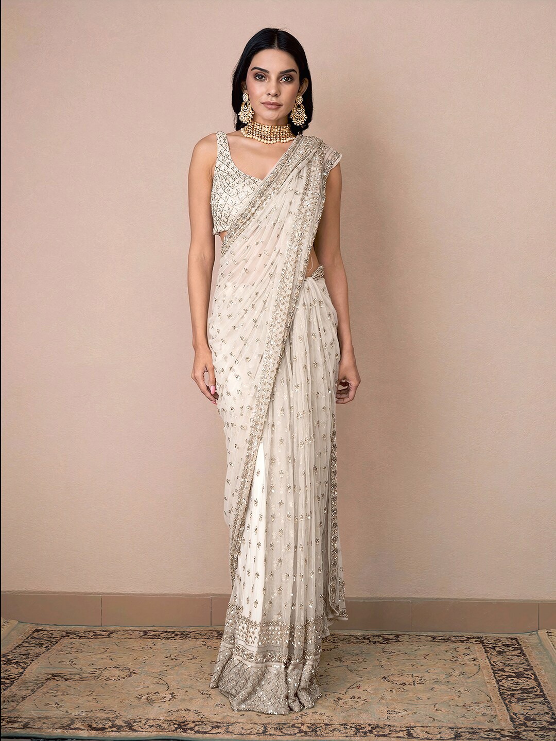 

Angroop Embellished Sequinned Net Saree, Off white
