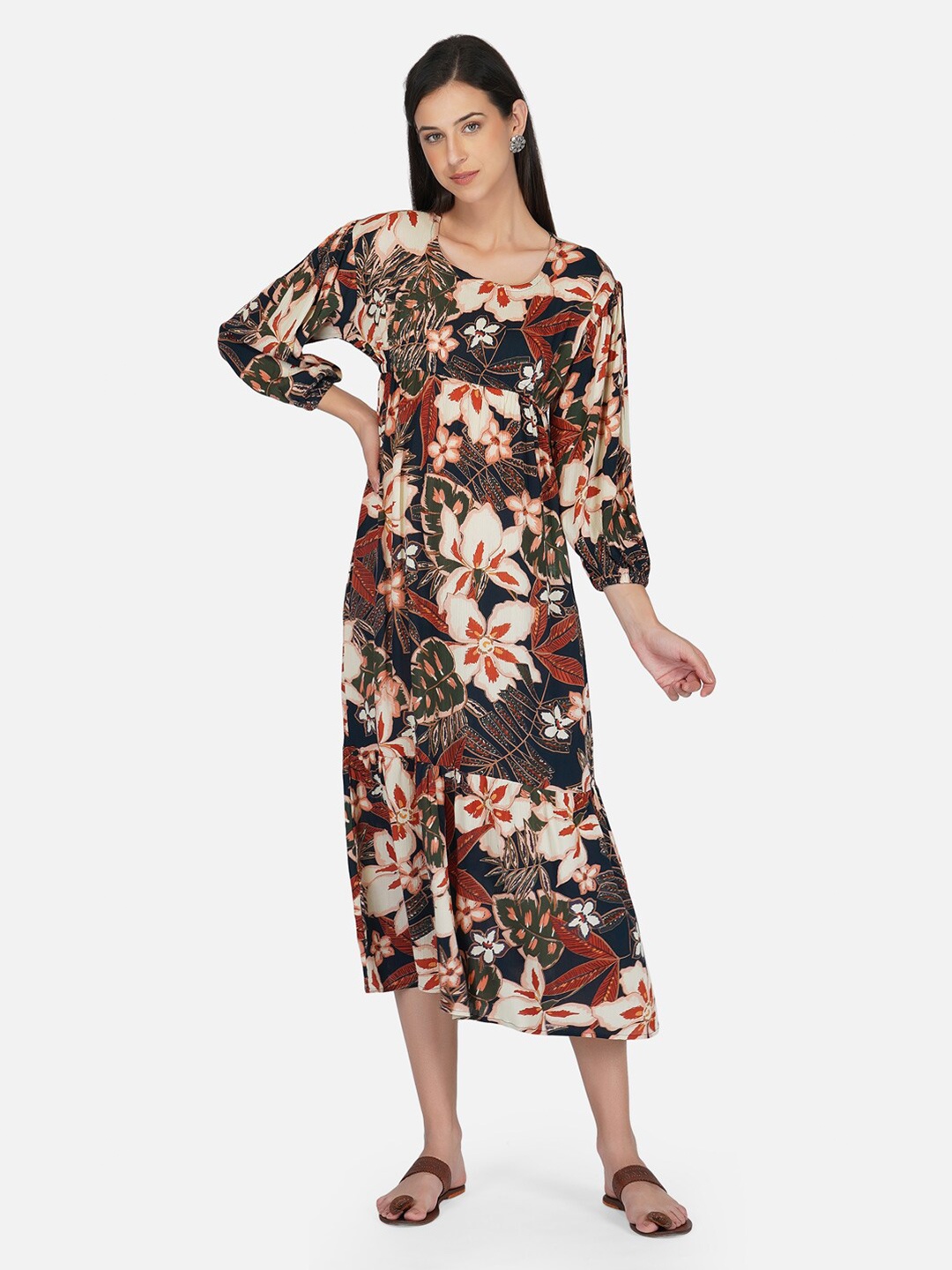 

KALINI Floral Printed A-Line Midi Dress, Navy blue