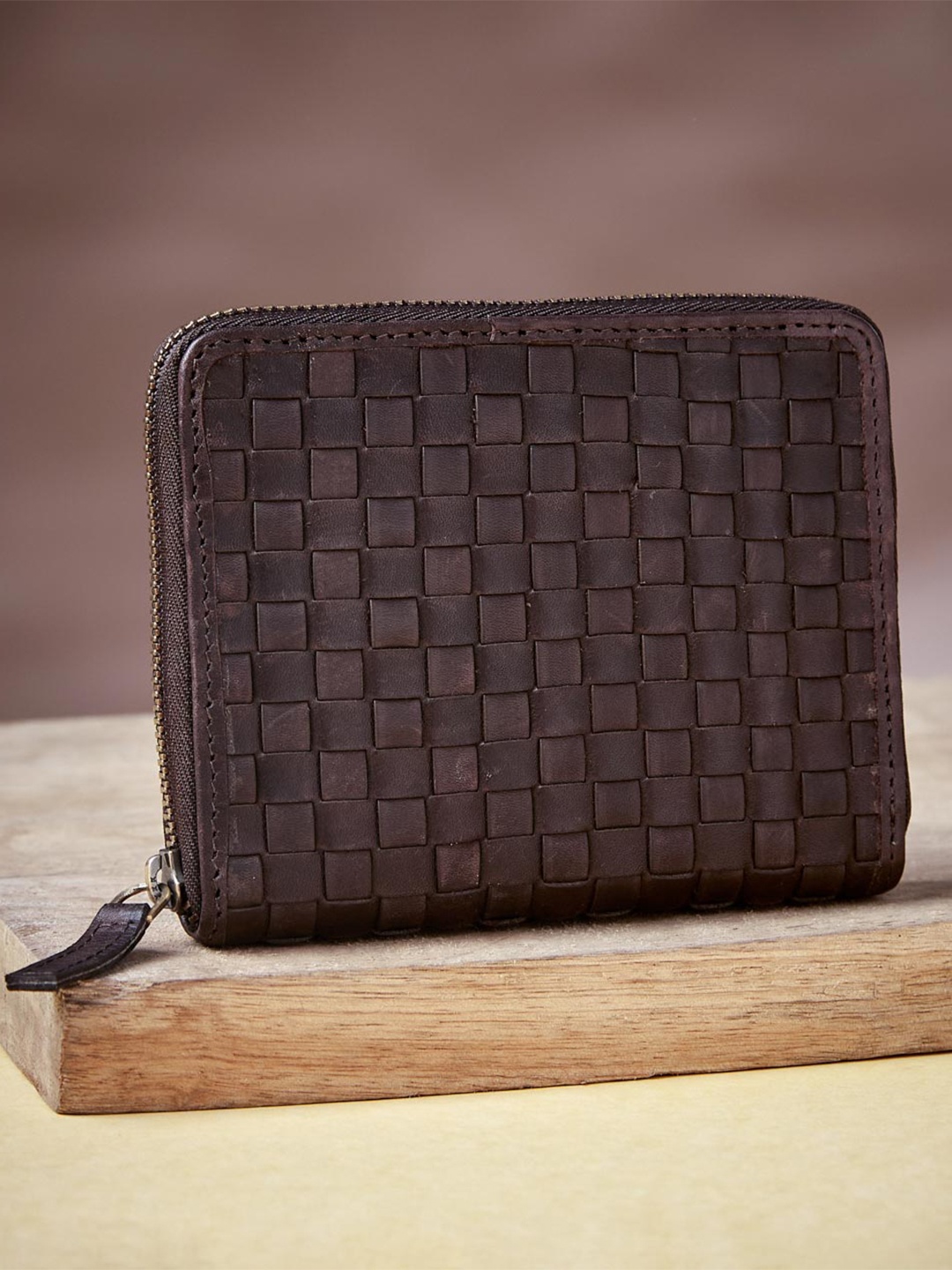 

Fabindia Unisex Geometric Textured Leather Zip Around Wallet, Brown
