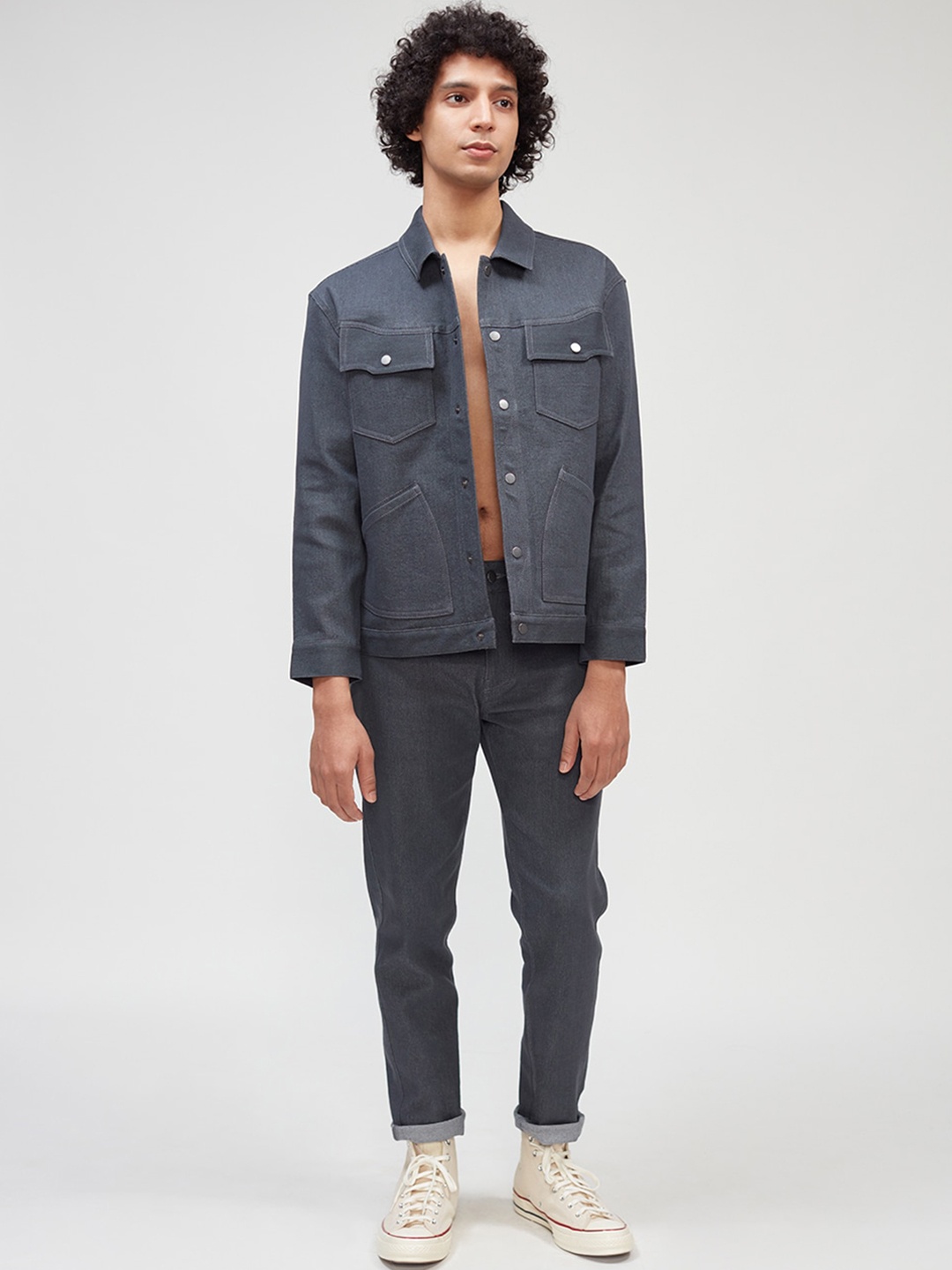 

Bhaane Spread Collar Cotton Denim Jacket, Grey